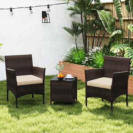 3 Pieces Outdoor Conversation Set with Cushioned Seat and Glass Tabletop-Beige - Beige - Patio Conversation Sets