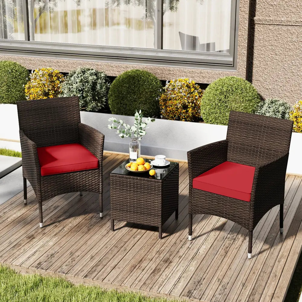 3 Pieces Outdoor Conversation Set with Cushioned Seat and Glass Tabletop-Red - Red - Patio Conversation Sets