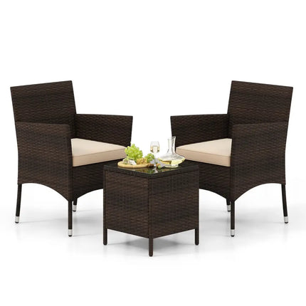 3 Pieces Outdoor Conversation Set with Cushioned Seat and Glass Tabletop-Beige - Beige - Patio Conversation Sets