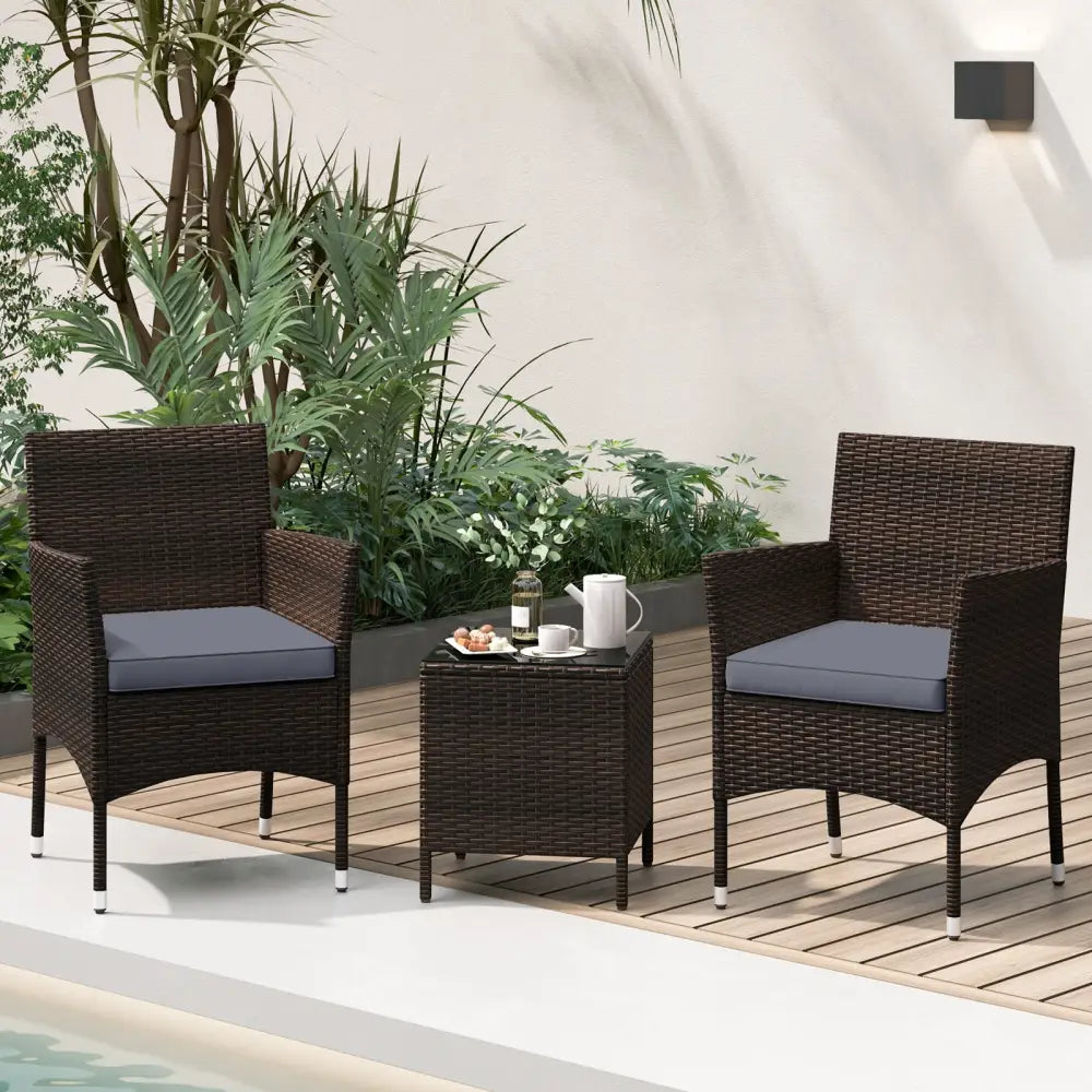 3 Pieces Outdoor Conversation Set with Cushioned Seat and Glass Tabletop-Gray - Gray - Patio Conversation Sets