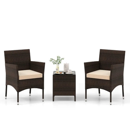 3 Pieces Outdoor Conversation Set with Cushioned Seat and Glass Tabletop-Beige - Beige - Patio Conversation Sets