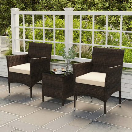 3 Pieces Outdoor Conversation Set with Cushioned Seat and Glass Tabletop-Beige - Beige - Patio Conversation Sets