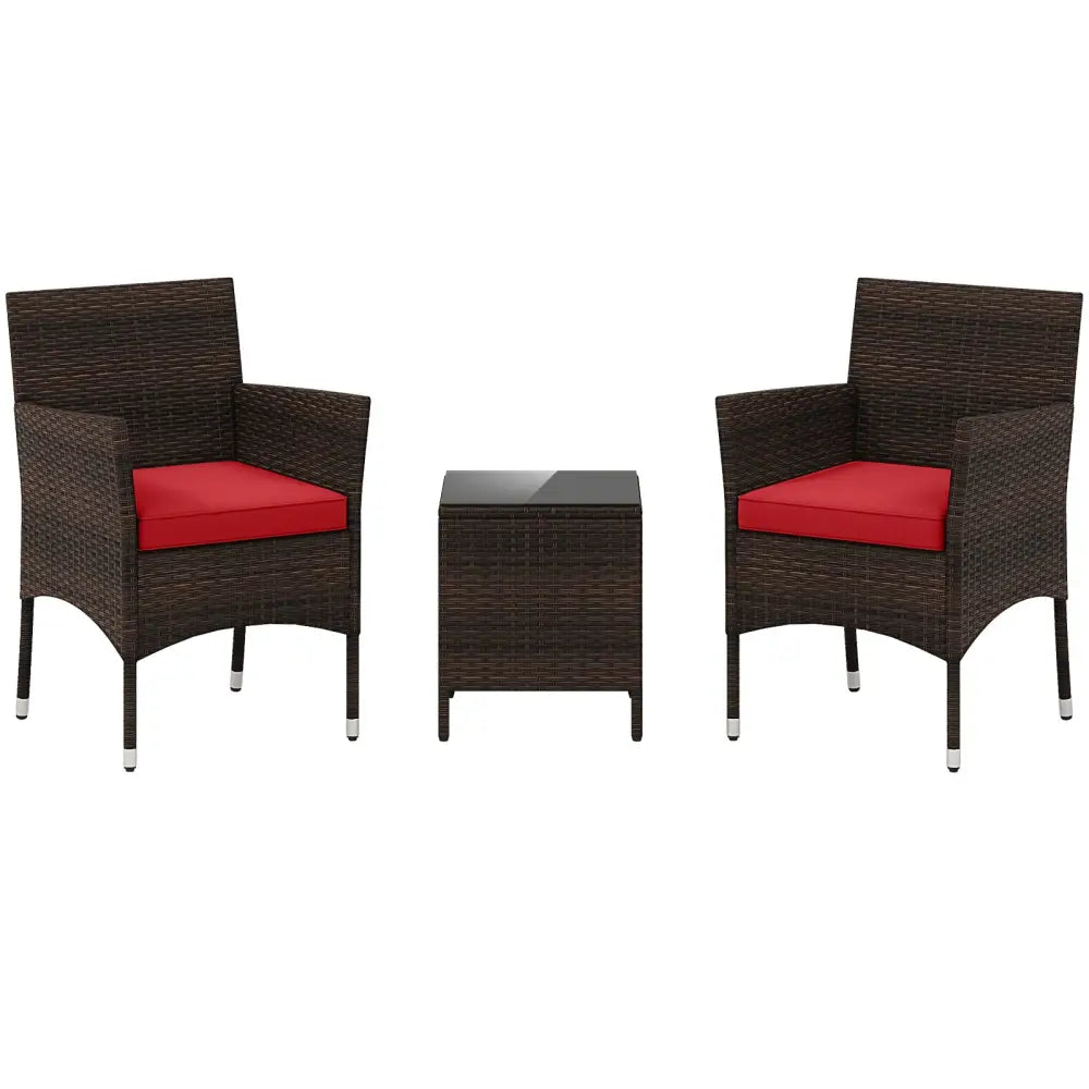 3 Pieces Outdoor Conversation Set with Cushioned Seat and Glass Tabletop-Red - Red - Patio Conversation Sets
