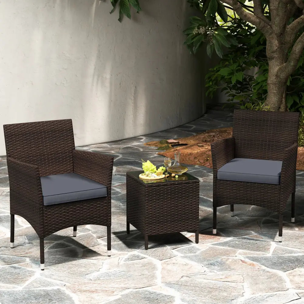 3 Pieces Outdoor Conversation Set with Cushioned Seat and Glass Tabletop-Gray - Gray - Patio Conversation Sets