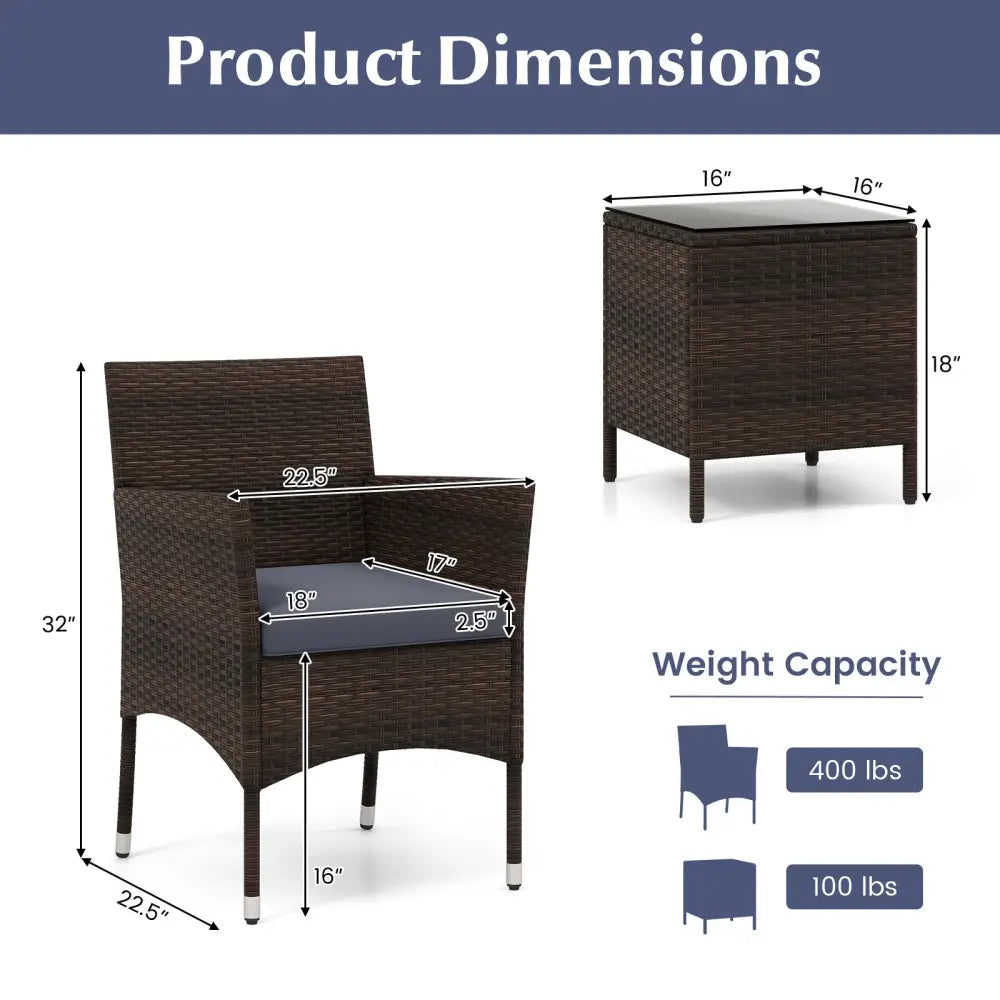 3 Pieces Outdoor Conversation Set with Cushioned Seat and Glass Tabletop-Gray - Gray - Patio Conversation Sets