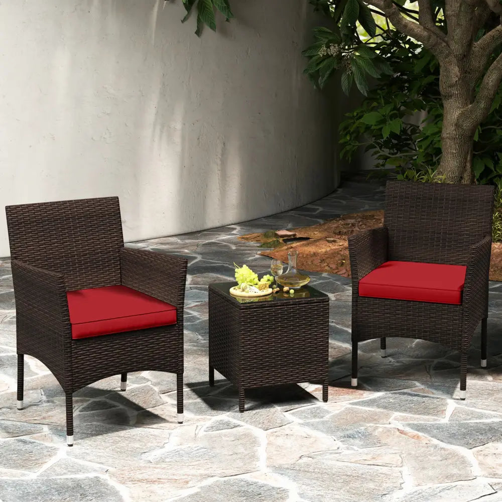 3 Pieces Outdoor Conversation Set with Cushioned Seat and Glass Tabletop-Red - Red - Patio Conversation Sets