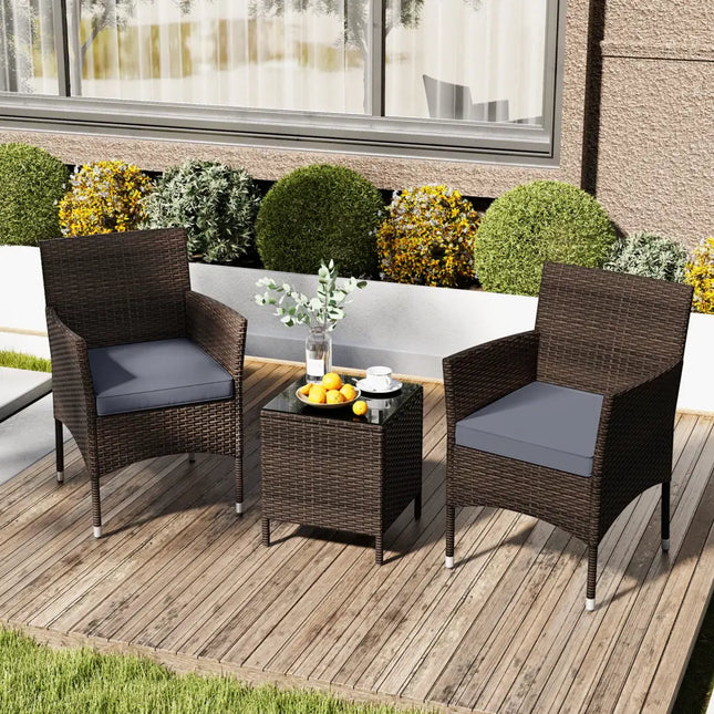 3 Pieces Outdoor Conversation Set with Cushioned Seat and Glass Tabletop-Gray - Gray - Patio Conversation Sets