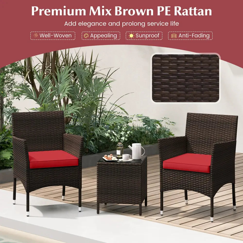 3 Pieces Outdoor Conversation Set with Cushioned Seat and Glass Tabletop-Red - Red - Patio Conversation Sets
