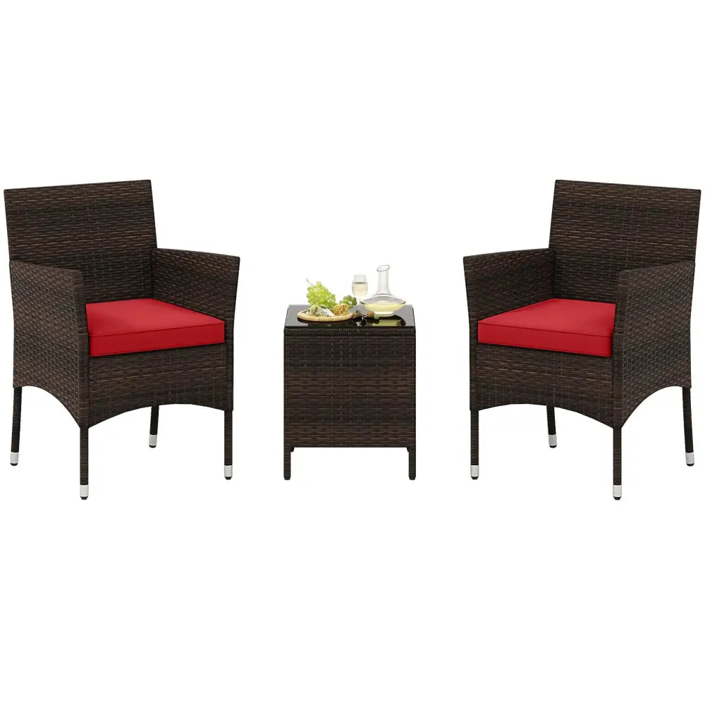 3 Pieces Outdoor Conversation Set with Cushioned Seat and Glass Tabletop-Red - Red - Patio Conversation Sets