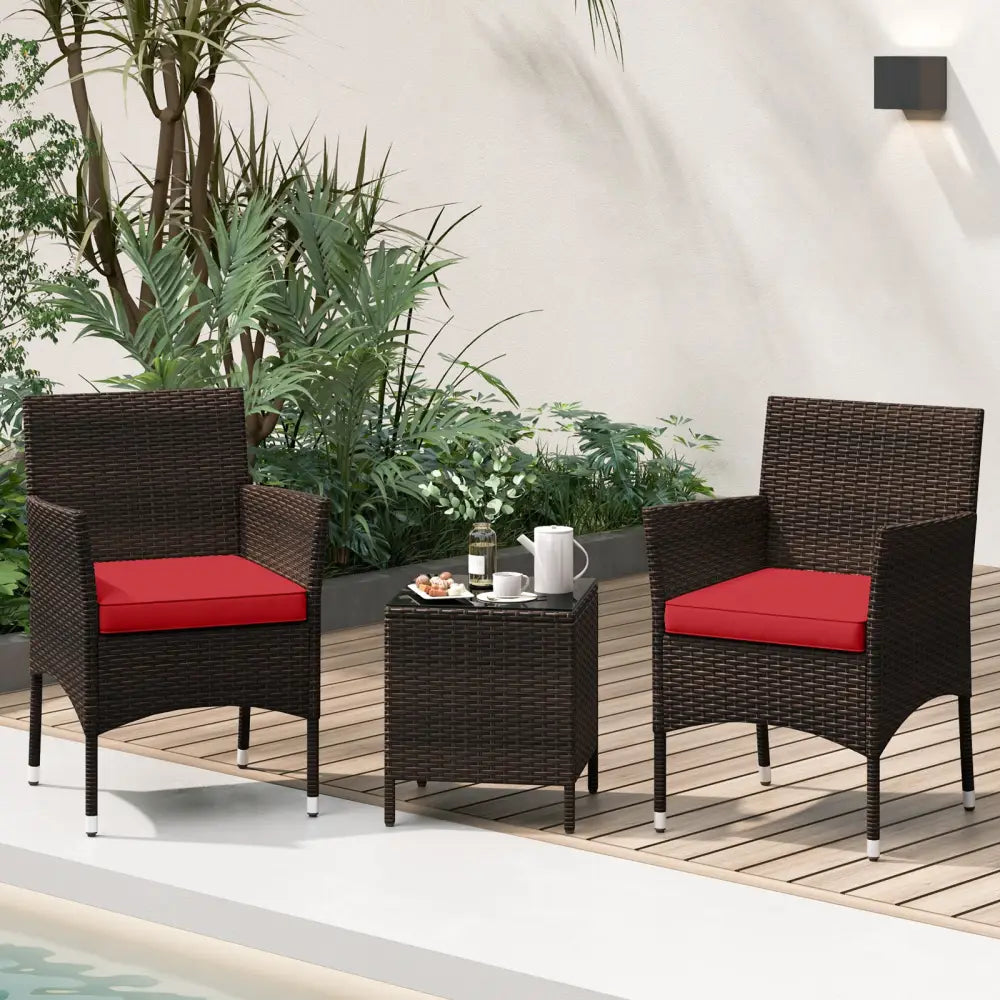 3 Pieces Outdoor Conversation Set with Cushioned Seat and Glass Tabletop-Red - Red - Patio Conversation Sets
