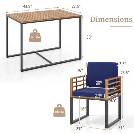 3 Pieces Outdoor Dining Set with 2 Acacia Wood Armchairs and Dining Table-Navy - Navy - Patio Dining Sets