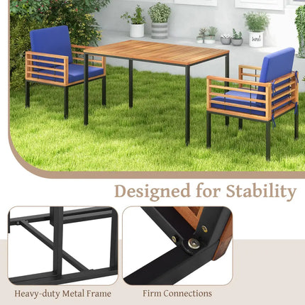 3 Pieces Outdoor Dining Set with 2 Acacia Wood Armchairs and Dining Table-Navy - Navy - Patio Dining Sets