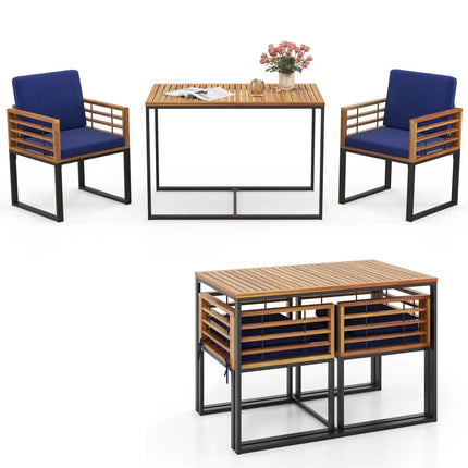 3 Pieces Outdoor Dining Set with 2 Acacia Wood Armchairs and Dining Table-Navy - Navy - Patio Dining Sets