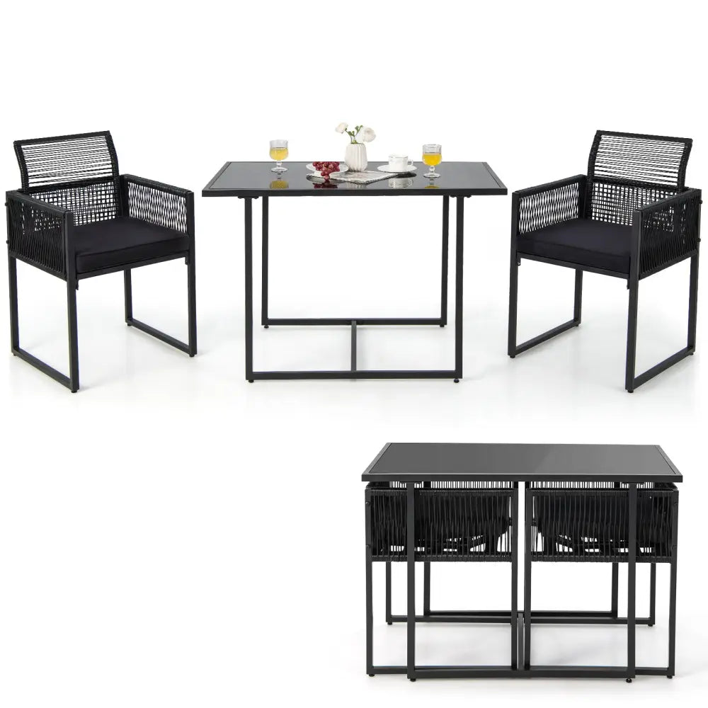 3 Pieces Outdoor Dining Set with Folding Backrest and Seat Cushion-Black - Black - Patio Dining Sets