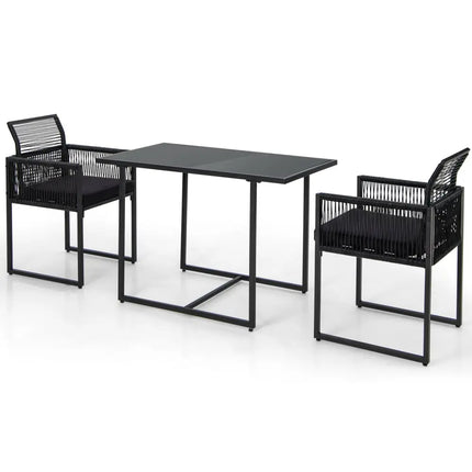 3 Pieces Outdoor Dining Set with Folding Backrest and Seat Cushion-Black - Black - Patio Dining Sets