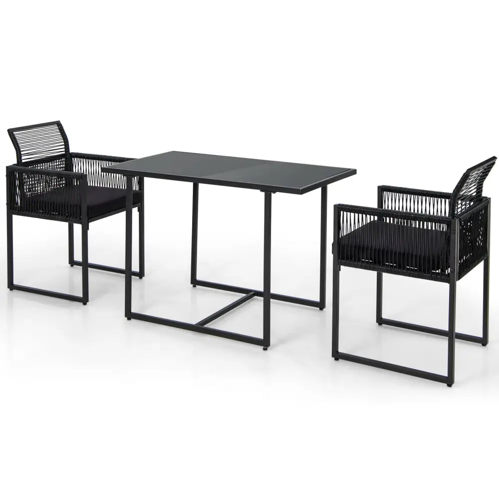 3 Pieces Outdoor Dining Set with Folding Backrest and Seat Cushion-Black - Black - Patio Dining Sets