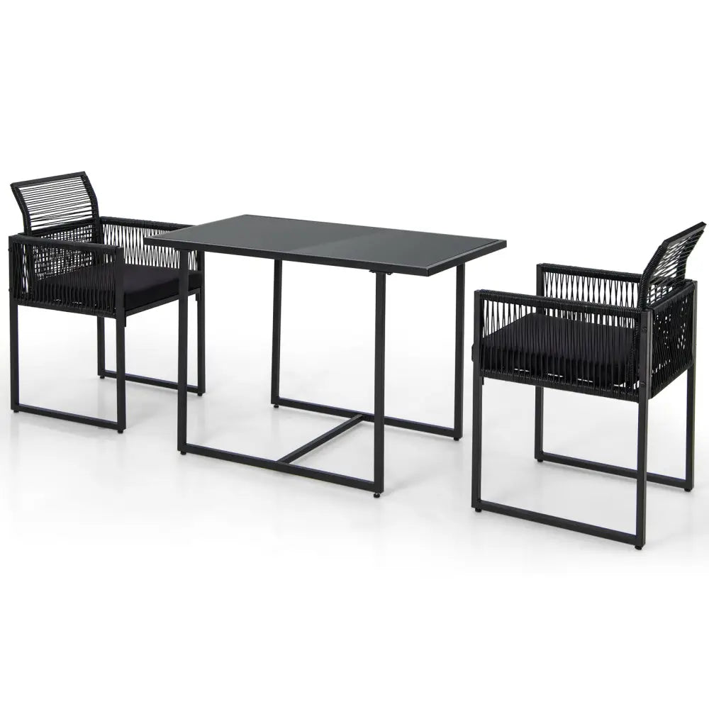 3 Pieces Outdoor Dining Set with Folding Backrest and Seat Cushion-Black - Black - Patio Dining Sets