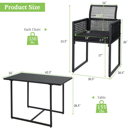 3 Pieces Outdoor Dining Set with Folding Backrest and Seat Cushion-Black - Black - Patio Dining Sets