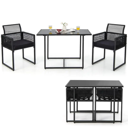 3 Pieces Outdoor Dining Set with Folding Backrest and Seat Cushion-Black - Black - Patio Dining Sets