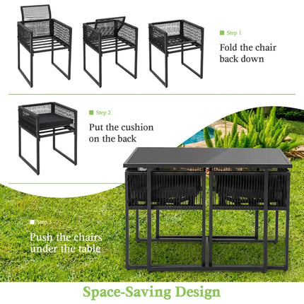 3 Pieces Outdoor Dining Set with Folding Backrest and Seat Cushion-Black - Black - Patio Dining Sets