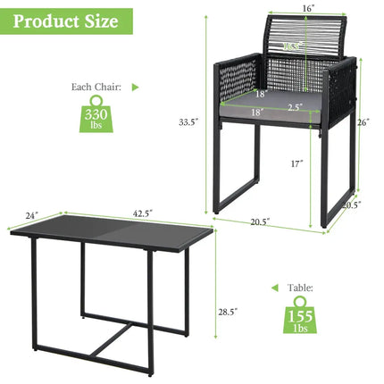 3 Pieces Outdoor Dining Set with Folding Backrest and Seat Cushions-Gray - Gray - Patio Dining Sets