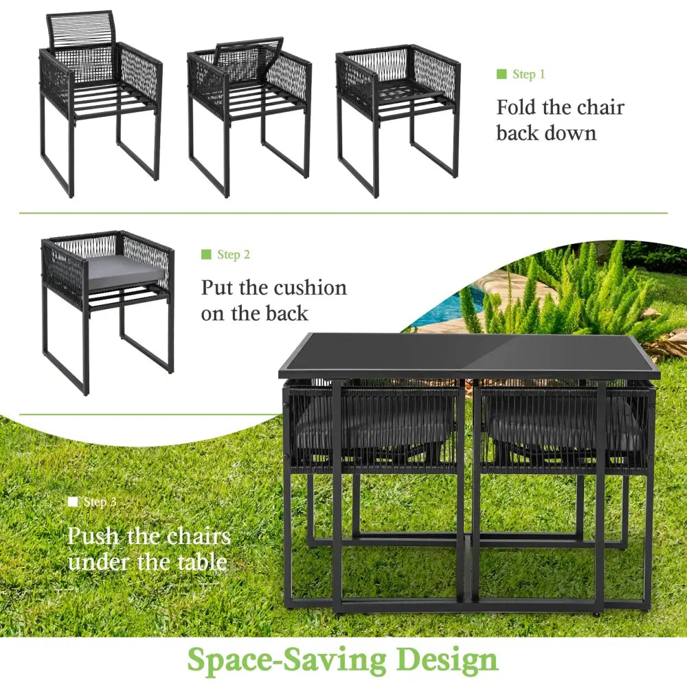 3 Pieces Outdoor Dining Set with Folding Backrest and Seat Cushions-Gray - Gray - Patio Dining Sets