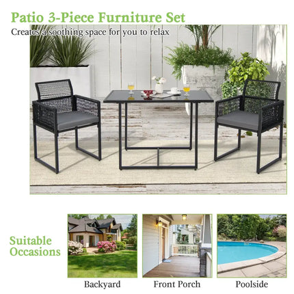 3 Pieces Outdoor Dining Set with Folding Backrest and Seat Cushions-Gray - Gray - Patio Dining Sets