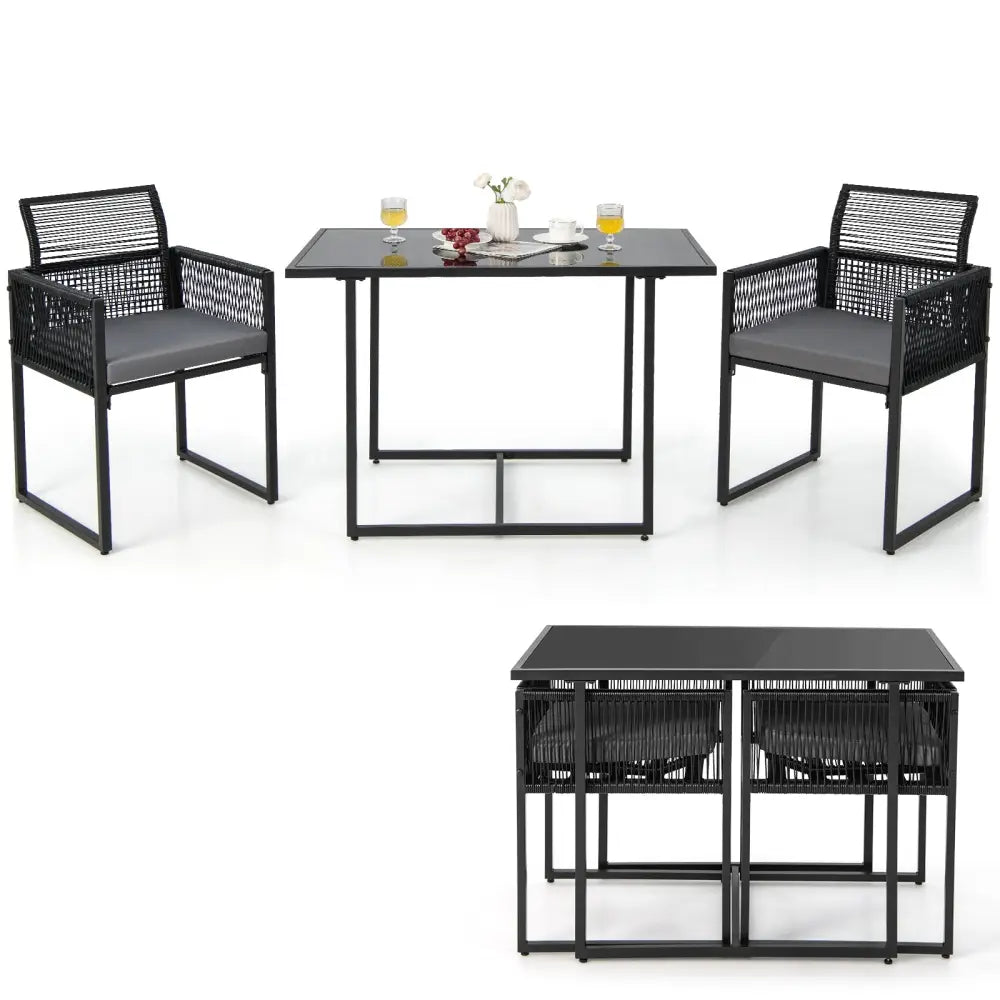 3 Pieces Outdoor Dining Set with Folding Backrest and Seat Cushions-Gray - Gray - Patio Dining Sets