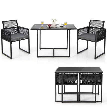 3 Pieces Outdoor Dining Set with Folding Backrest and Seat Cushions-Gray - Gray - Patio Dining Sets