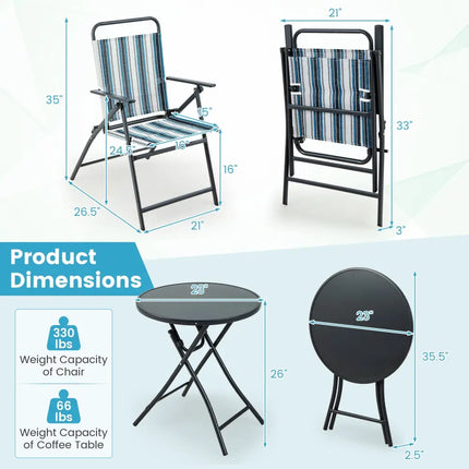 3 Pieces Outdoor Folding Chair Set Portable Folding Chair Set - Blue - Patio Furniture Sets