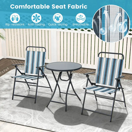 3 Pieces Outdoor Folding Chair Set Portable Folding Chair Set - Blue - Patio Furniture Sets