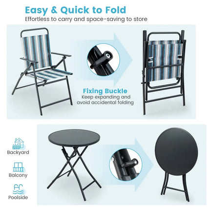 3 Pieces Outdoor Folding Chair Set Portable Folding Chair Set - Blue - Patio Furniture Sets