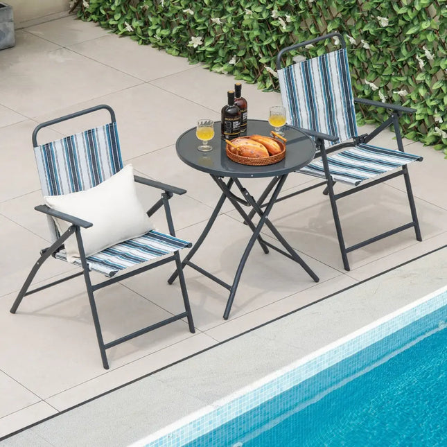 3 Pieces Outdoor Folding Chair Set Portable Folding Chair Set - Blue - Patio Furniture Sets