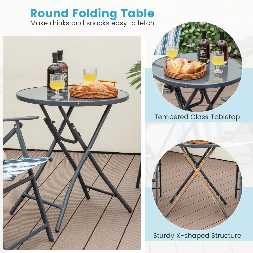 3 Pieces Outdoor Folding Chair Set Portable Folding Chair Set - Blue - Patio Furniture Sets