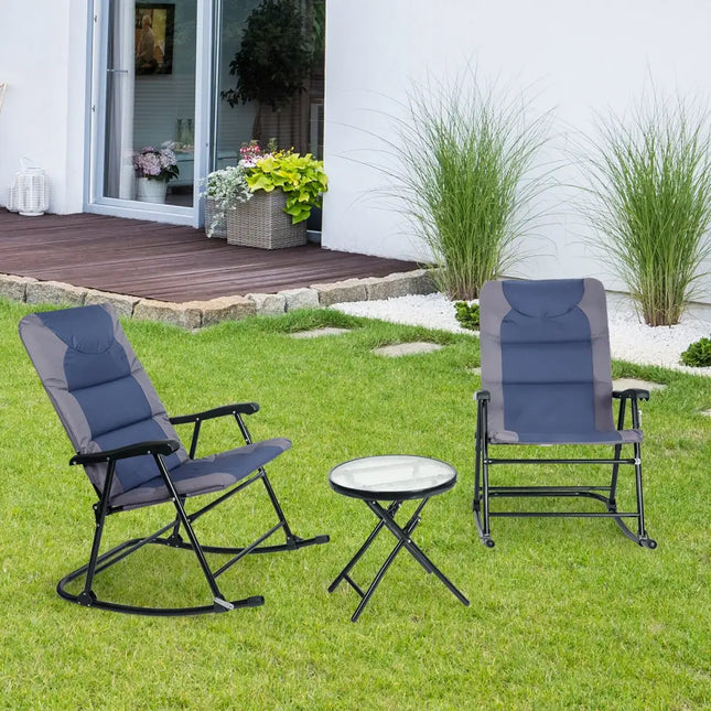 3 Pieces Outdoor Folding Rocking Chair Table Set with Cushion-Blue - Blue - Patio Conversation Sets