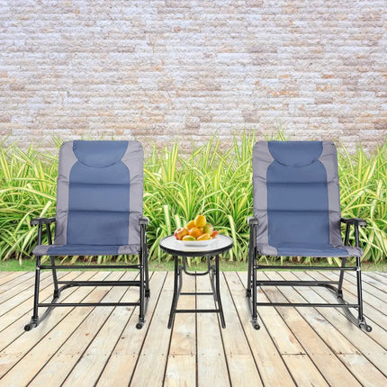 3 Pieces Outdoor Folding Rocking Chair Table Set with Cushion-Blue - Blue - Patio Conversation Sets