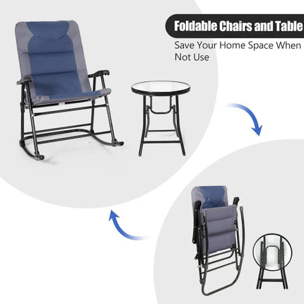 3 Pieces Outdoor Folding Rocking Chair Table Set with Cushion-Blue - Blue - Patio Conversation Sets