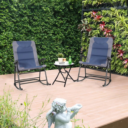 3 Pieces Outdoor Folding Rocking Chair Table Set with Cushion-Blue - Blue - Patio Conversation Sets