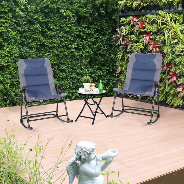 3 Pieces Outdoor Folding Rocking Chair Table Set with Cushion-Blue - Blue - Patio Conversation Sets
