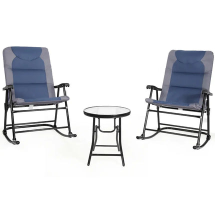 3 Pieces Outdoor Folding Rocking Chair Table Set with Cushion-Blue - Blue - Patio Conversation Sets
