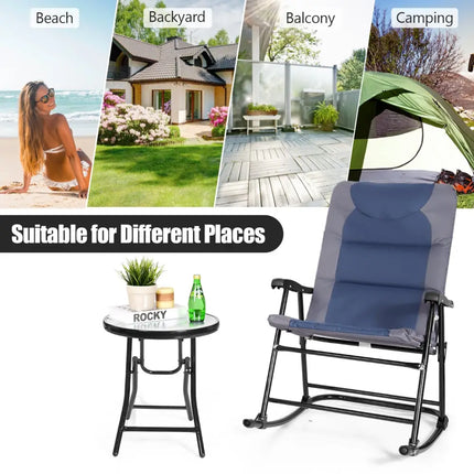 3 Pieces Outdoor Folding Rocking Chair Table Set with Cushion-Blue - Blue - Patio Conversation Sets