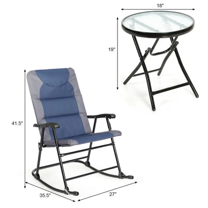 3 Pieces Outdoor Folding Rocking Chair Table Set with Cushion-Blue - Blue - Patio Conversation Sets