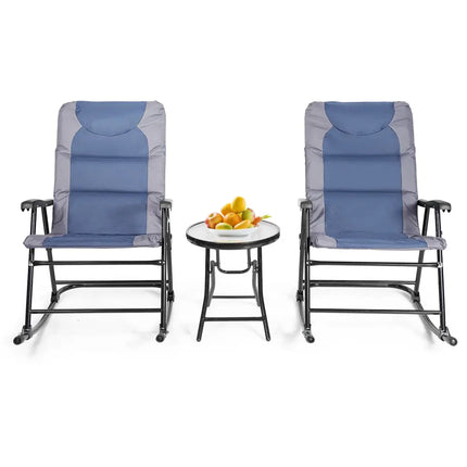 3 Pieces Outdoor Folding Rocking Chair Table Set with Cushion-Blue - Blue - Patio Conversation Sets