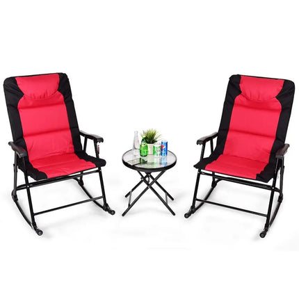 3 Pieces Outdoor Folding Rocking Chair Table Set with Cushion-Red - Red - Patio Conversation Sets