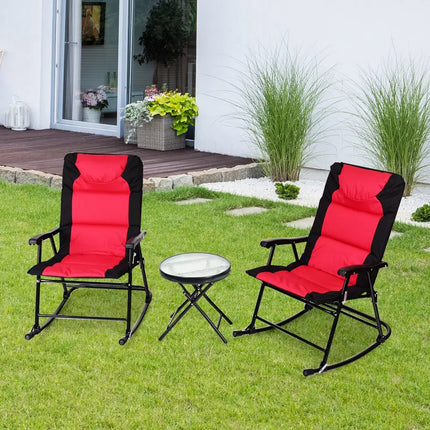 3 Pieces Outdoor Folding Rocking Chair Table Set with Cushion-Red - Red - Patio Conversation Sets