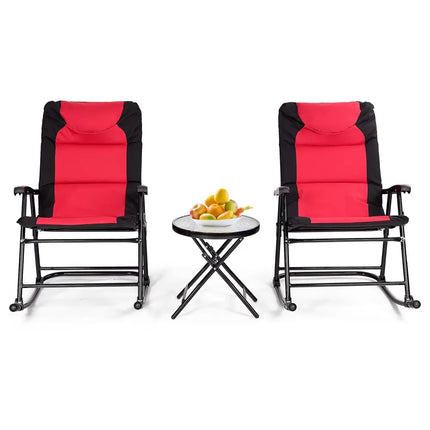 3 Pieces Outdoor Folding Rocking Chair Table Set with Cushion-Red - Red - Patio Conversation Sets