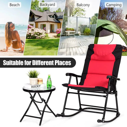 3 Pieces Outdoor Folding Rocking Chair Table Set with Cushion-Red - Red - Patio Conversation Sets