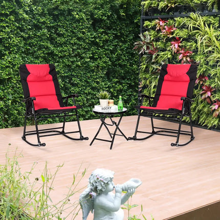 3 Pieces Outdoor Folding Rocking Chair Table Set with Cushion-Red - Red - Patio Conversation Sets