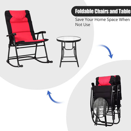 3 Pieces Outdoor Folding Rocking Chair Table Set with Cushion-Red - Red - Patio Conversation Sets