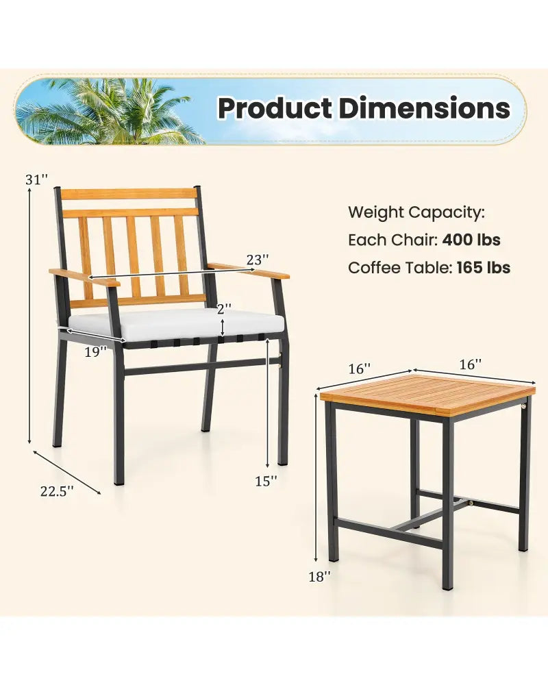 3 Pieces Outdoor Furniture Set Acacia Wood Patio Conversation Set with Cushions-White - White - Patio Conversation Sets